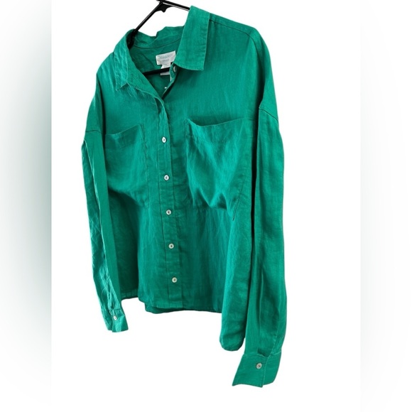 Green long sleeve linen button down blouse - Picture 2 of 4